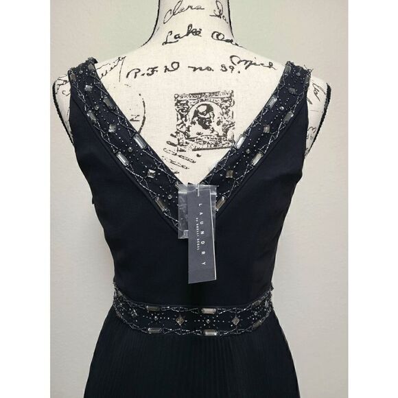 LAUNDRY BY SHELLI SEGAL Black Beaded V-Neck Pleated Dress NEW MSRP $340 SIZE 2 - Picture 6 of 17